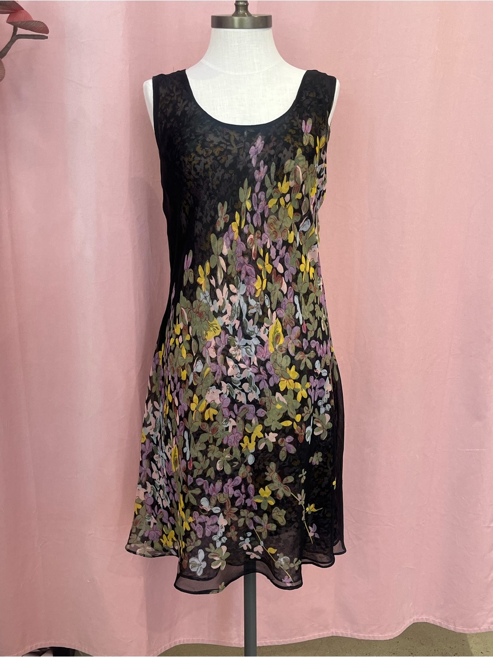 90’s Double Layer Sheer Mesh Floral Dress | Black Ditsy Floral | Size M